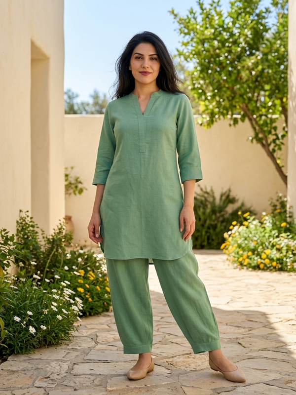 Beige Mandarin Collar Pure Cotton Tunic With Trousers Kurta Set