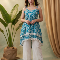 Firozi Floral Print Shoulder Straps A-Line Kurta With Palazzo Kurta Set