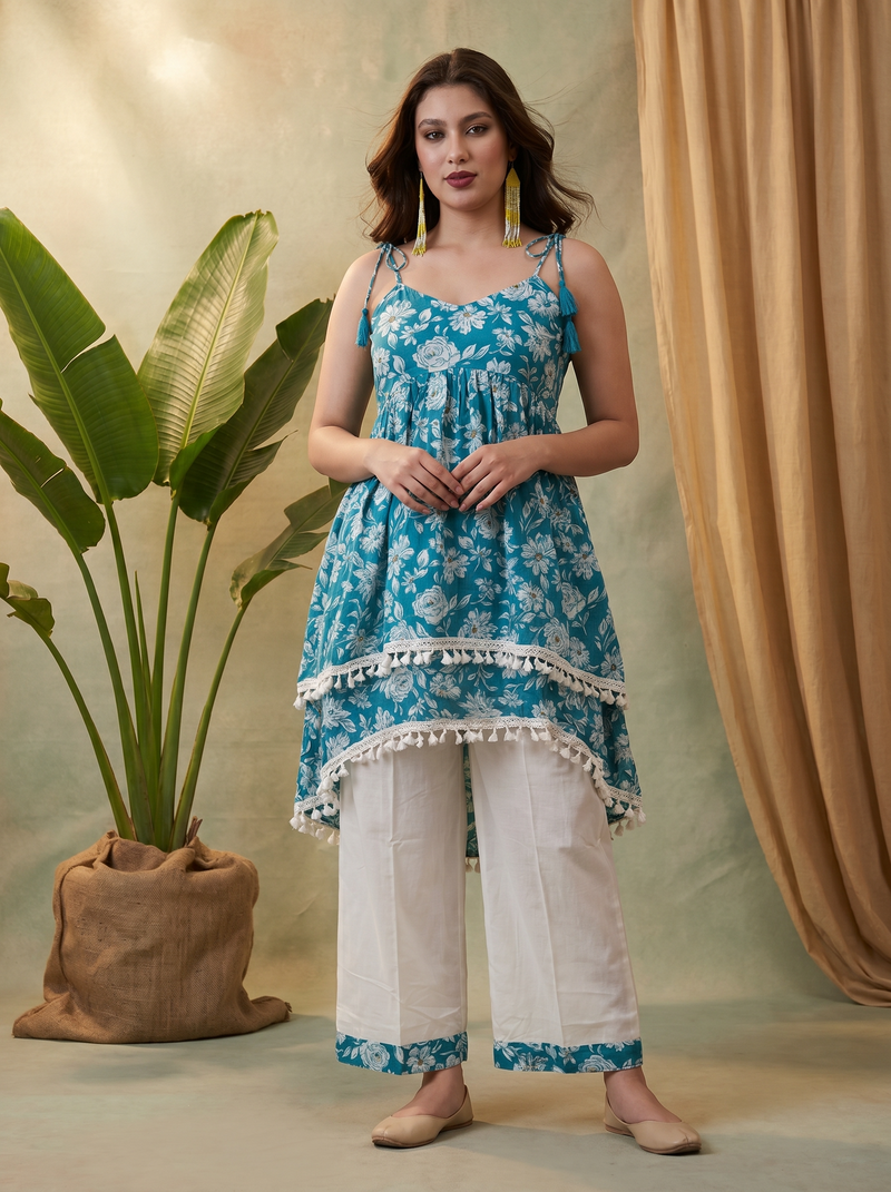 Firozi Floral Print Shoulder Straps A-Line Kurta With Palazzo Kurta Set