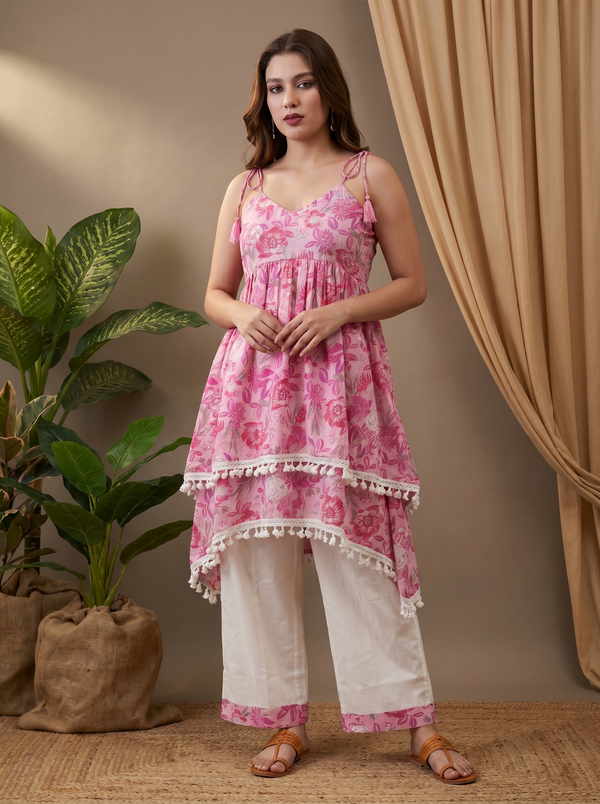 Light Pink Floral Print Shoulder Straps A-Line Kurta With Palazzo Kurta Set