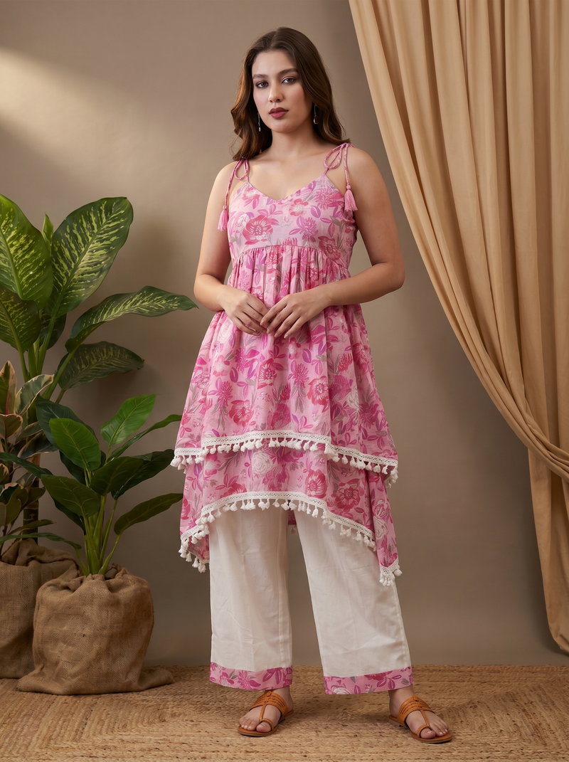 Light Pink Floral Print Shoulder Straps A-Line Kurta With Palazzo Kurta Set