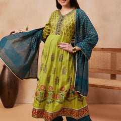 Green Floral Print Anarkali  Kurta with Palazzo & Dupatta Kurta Set