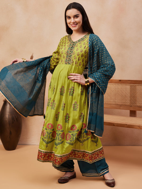 Green Floral Print Anarkali  Kurta with Palazzo & Dupatta Kurta Set