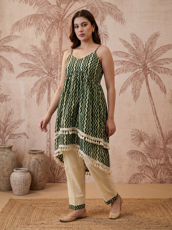 Floral Print Shoulder Straps A-Line Kurta With Palazzo Kurta Set