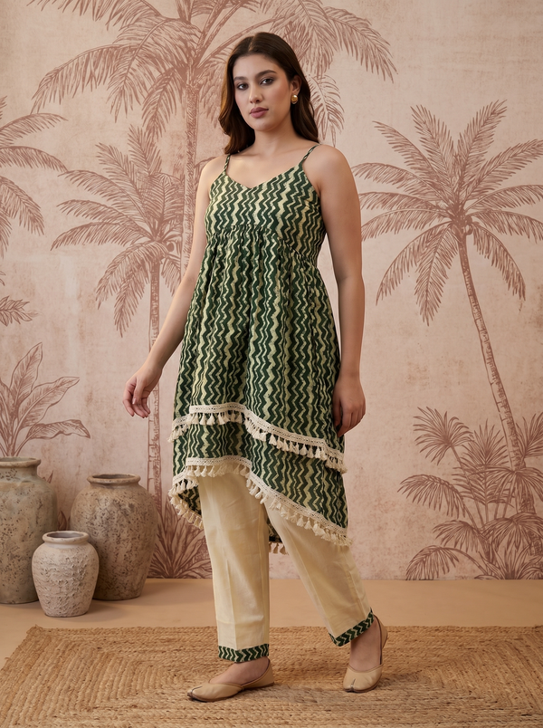Green Ethnic Motif Print Shoulder Straps A-Line Kurta With Palazzo Kurta Set