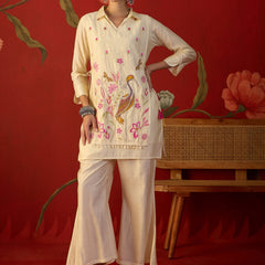 Off White Floral Embroidered & Mirror Work Tunic With Jacket And Trouser Co-Ords Set