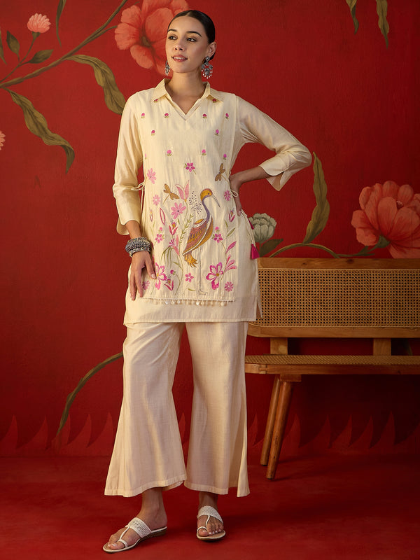 Off White Floral Embroidered & Mirror Work Tunic With Jacket And Trouser Co-Ords Set