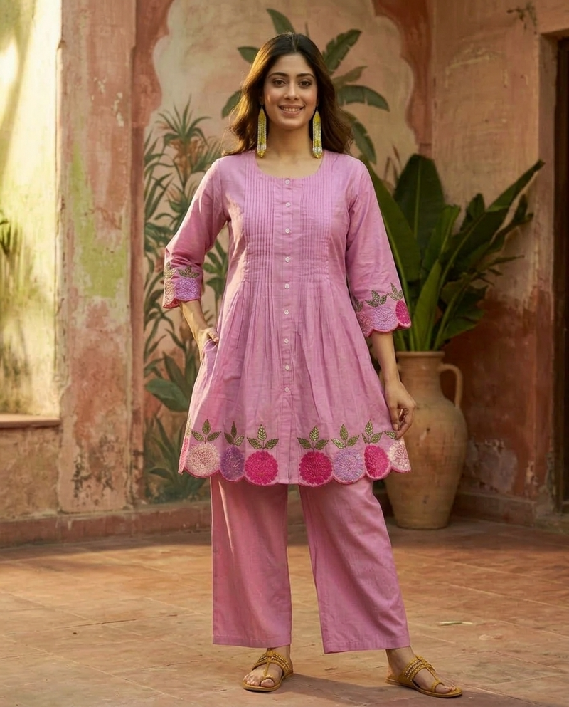 Floral Embroidered A-Line Kurta With Trouser Set
