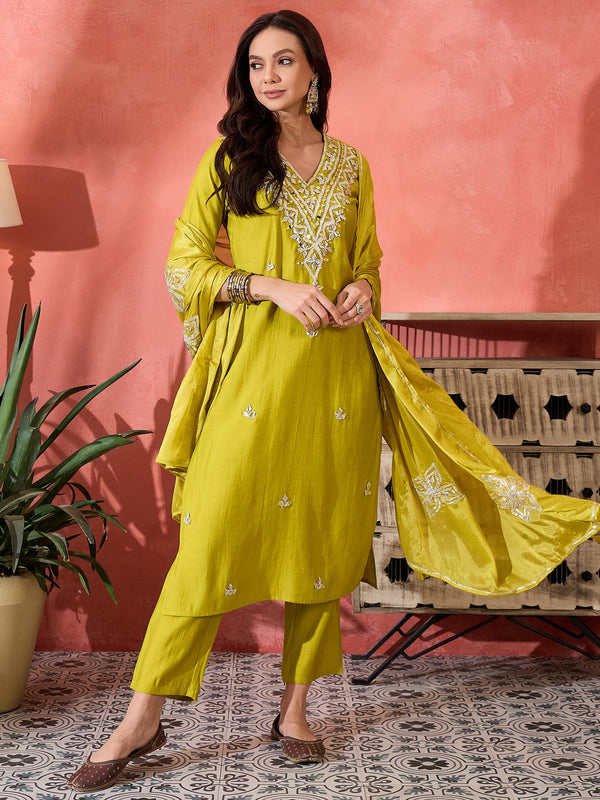 Green Embroidered Gotta Patti Kurta with Trousers & Dupatta Kurta Set