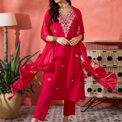 Red Embroidered Gotta Patti Kurta with Trousers & Dupatta Kurta Set