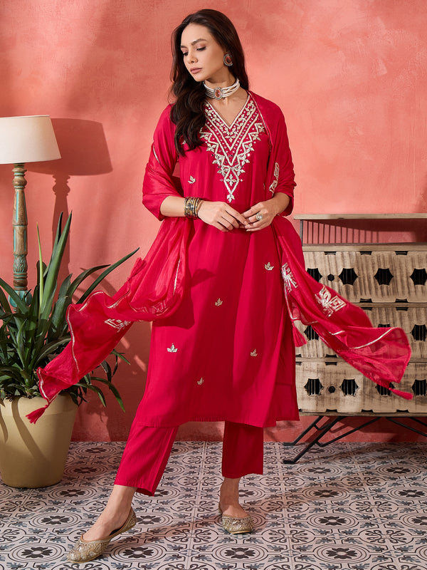 Red Embroidered Gotta Patti Kurta with Trousers & Dupatta Kurta Set