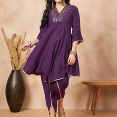 Ethnic Motifs Yoke Design & Sequinned  A-Line Kurta With Dhoti Pants Kurta Set