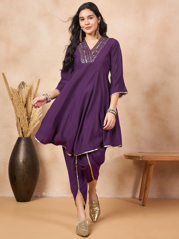 Ethnic Motifs Yoke Design & Sequinned  A-Line Kurta With Dhoti Pants Kurta Set