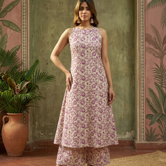 Pink Floral Printed Sleeveless A-Line Kurta With Palazzo Kurta Set