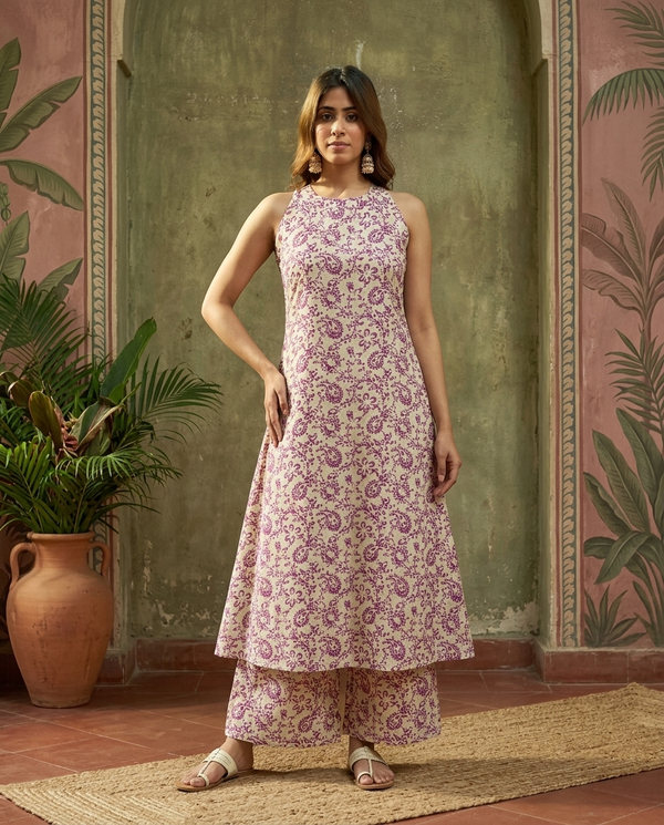 Pink Floral Printed Sleeveless A-Line Kurta With Palazzo Kurta Set