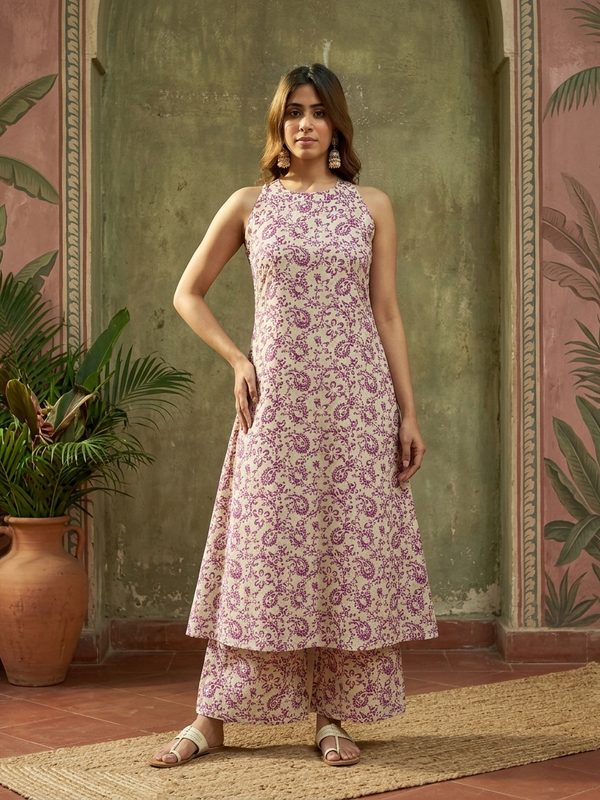 Pink Floral Printed Sleeveless A-Line Kurta With Palazzo Kurta Set