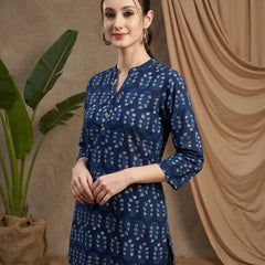 Indigo Blue Ethnic Motif Print Straight Short Kurtis
