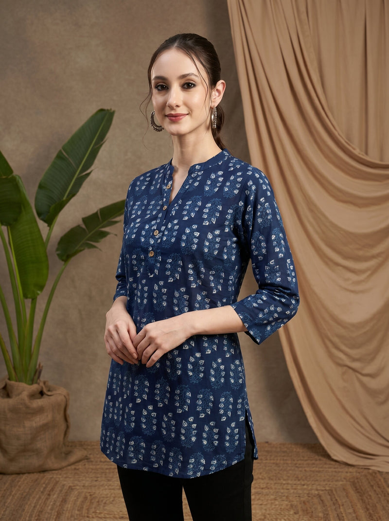 Indigo Blue Ethnic Motif Print Straight Short Kurtis