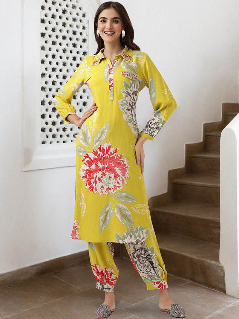 Floral Printed & Mirror Work Pathani Kurta With Trousers Kurta Set