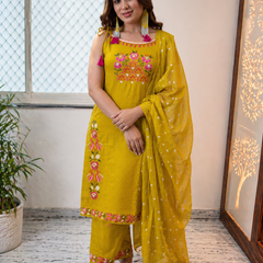 Mustard Embroidered Shoulder Straps Straight Kurta With Trouser & Dupatta Kurta Set