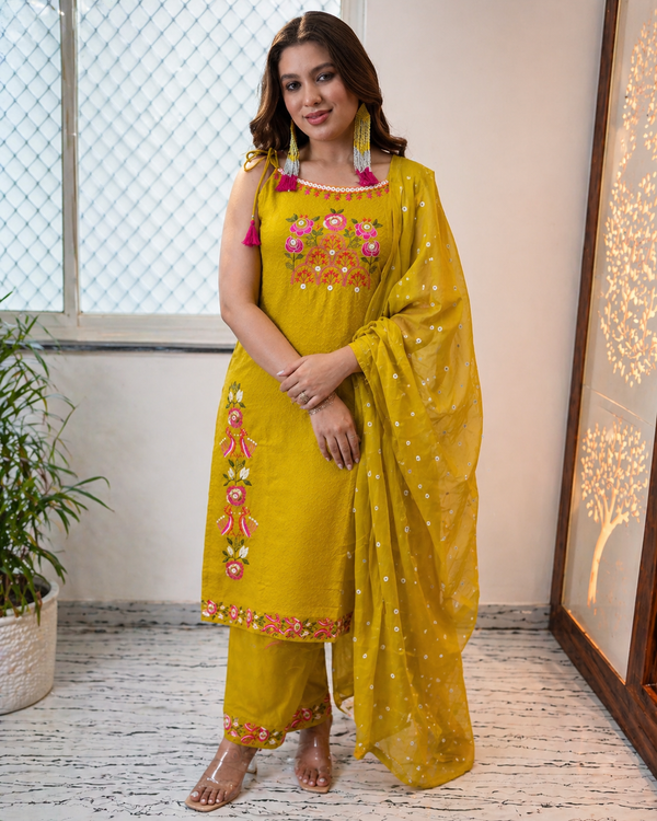 Mustard Embroidered Shoulder Straps Straight Kurta With Trouser & Dupatta Kurta Set