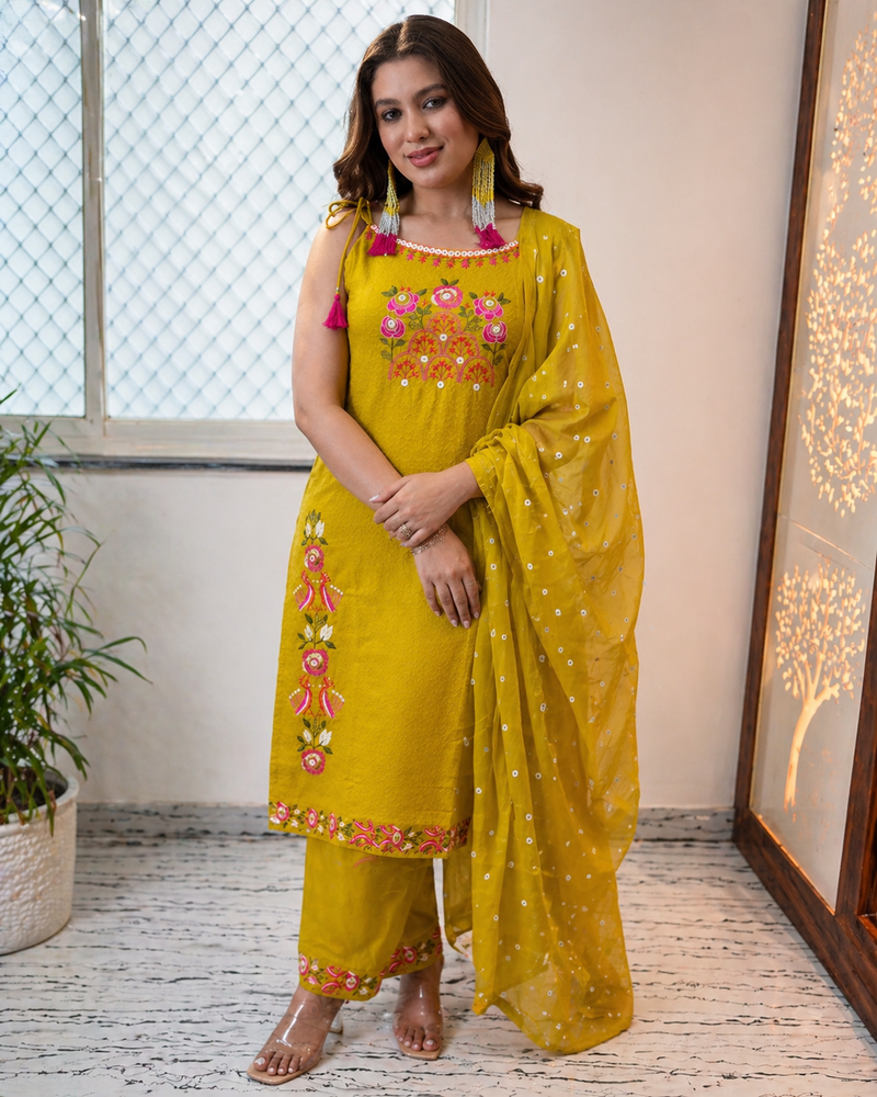 Mustard Embroidered Shoulder Straps Straight Kurta With Trouser & Dupatta Kurta Set