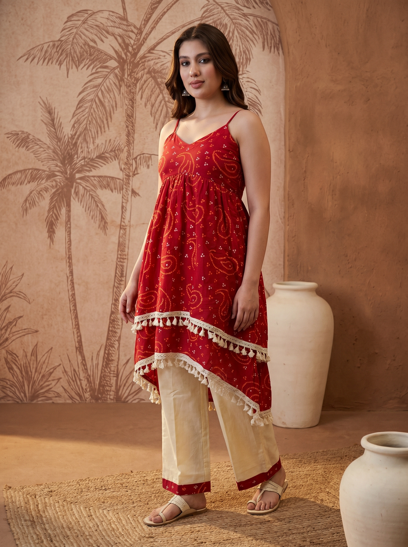 Red Bhandhej Print Shoulder Straps A-Line Kurta With Palazzo Kurta Set