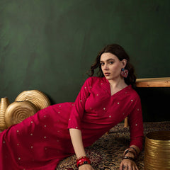 Pink Floral Printed V-Neck Straight Kurta With Trousers