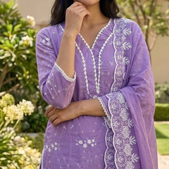 Purple Embroidered Pure Cotton Straight Kurta With Trouser & Dupatta