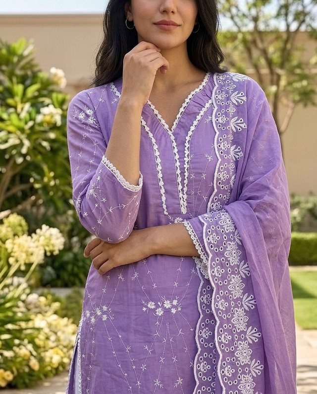 Purple Embroidered Pure Cotton Straight Kurta With Trouser & Dupatta