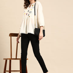 Off White Embroidered Pure Cotton Kurtis
