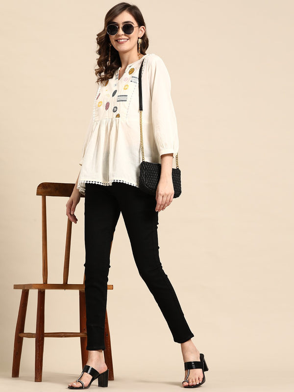 Off White Embroidered Pure Cotton Kurtis