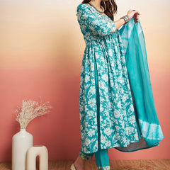 Floral Printed Thread Work Pure Cotton A-Line Kurta & Trousers With Dupatta