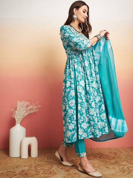 Floral Printed Thread Work Pure Cotton A-Line Kurta & Trousers With Dupatta