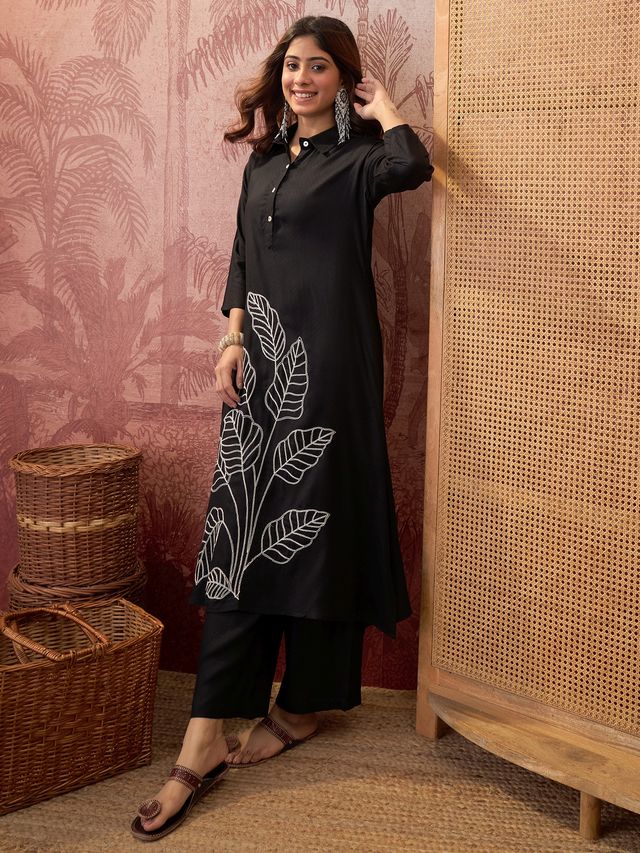 Black Floral Embroidered  A-Line Kurta With Trouser Kurta Set