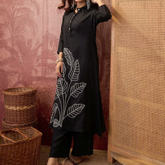 Black Floral Embroidered  A-Line Kurta With Trouser Kurta Set
