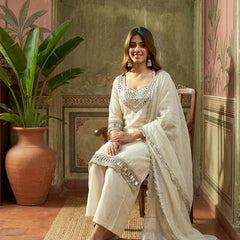 Pink Ethnic Motif Embroidered Kurta With Top & Trouser & Dupatta