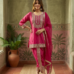 Purple Floral Embroidered & Sequinned A-Line Kurta With Dhoti Pant & Dupatta Kurta Set
