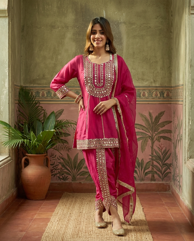 Purple Floral Embroidered & Sequinned A-Line Kurta With Dhoti Pant & Dupatta Kurta Set