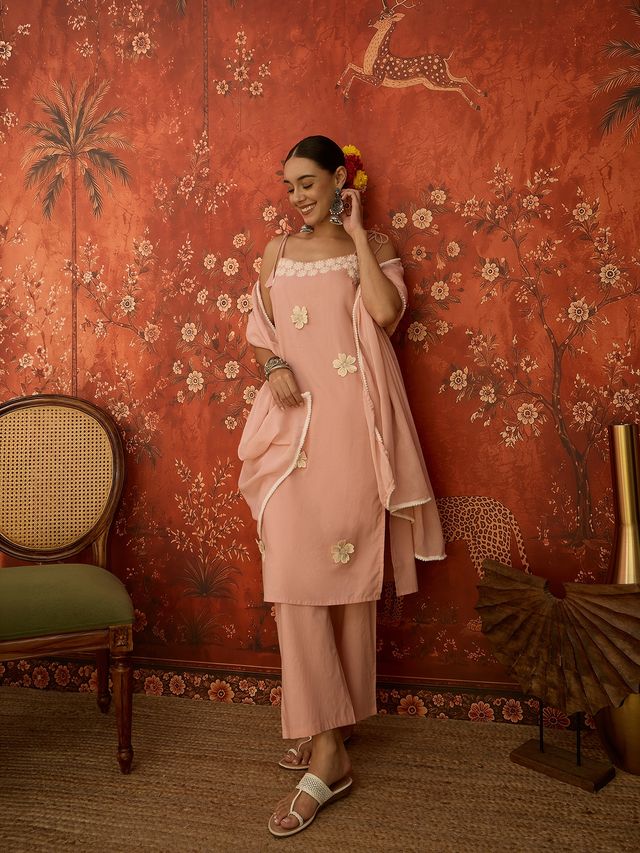 Peach Floral Embroidered Shoulder Straps Kurta With Trouser & Dupatta Kurta Set