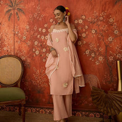 Peach Floral Embroidered Shoulder Straps Kurta With Trouser & Dupatta Kurta Set