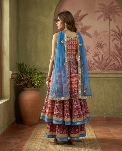 Pure Cotton Floral Printed Anarkali Kurta with Sharara & Dupatta Kurta Set
