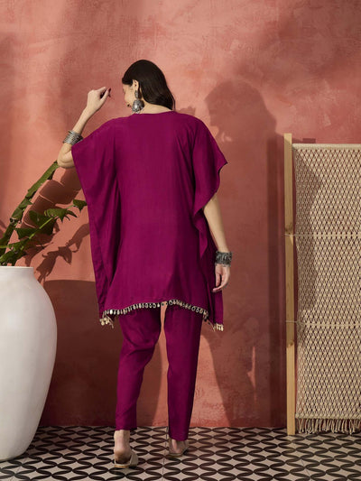 Floral Embroidered Notch Neck Kaftan Kurta With Trouser