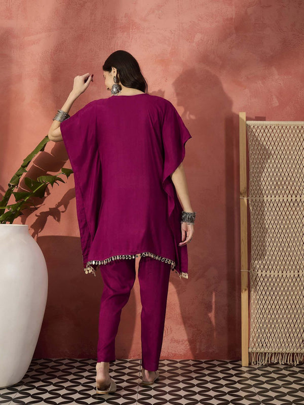 Floral Embroidered Notch Neck Kaftan Kurta With Trouser