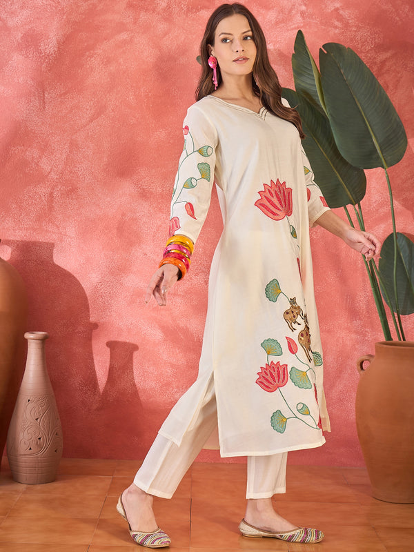 Off White Floral Embroidered Kurta With Pant Kurta Set