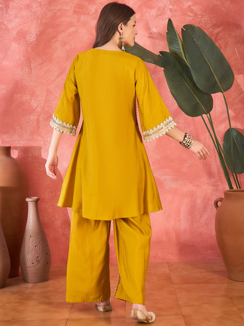 Floral Embroidered & Sequinned A-Line Kurta With Palazzos & Bag Kurta Set