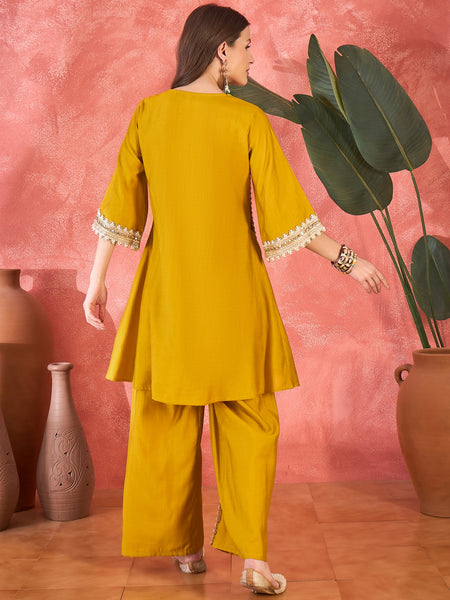 Floral Embroidered & Sequinned A-Line Kurta With Palazzos & Bag Kurta Set