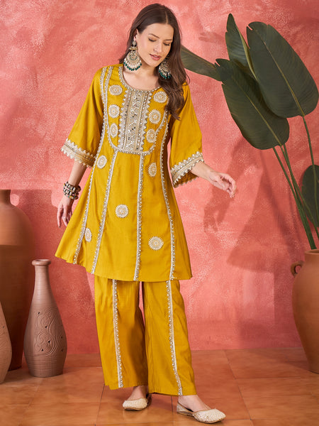 Floral Embroidered & Sequinned A-Line Kurta With Palazzos & Bag Kurta Set