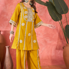 Floral Embroidered & Sequinned A-Line Kurta With Palazzos & Bag Kurta Set