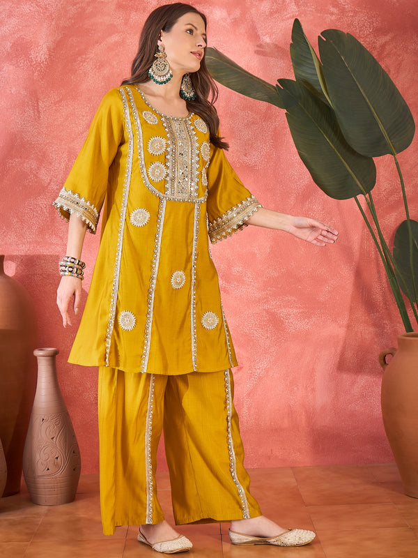 Floral Embroidered & Sequinned A-Line Kurta With Palazzos & Bag Kurta Set